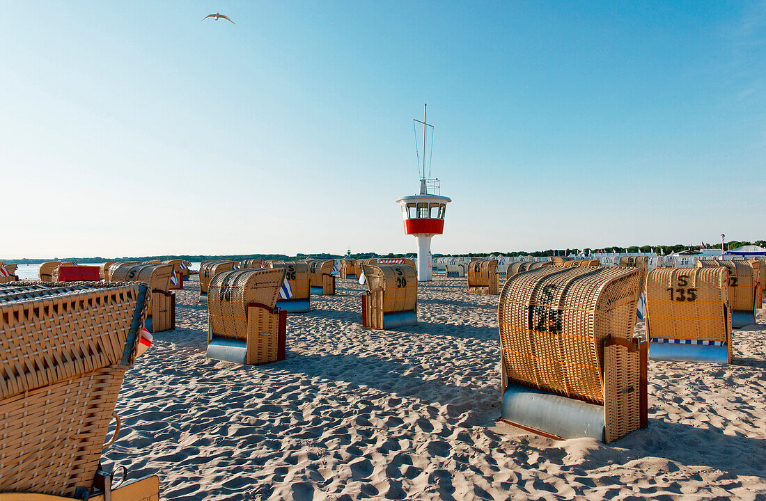 Rescue tower on the beach, Travemuende, Luebeck, Schleswig-Holstein, Germany