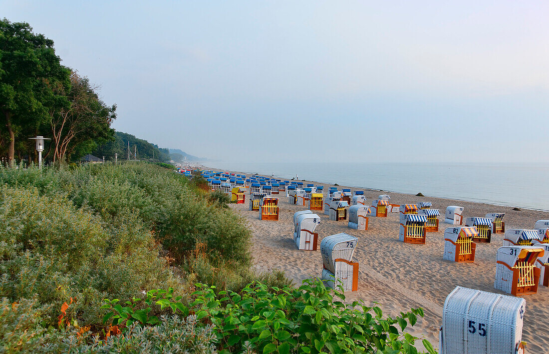 Hooded beach chairs on the beach at sunset, Baltic Sea, Timmendorfer Strand, Schleswig-Holstein, Germany