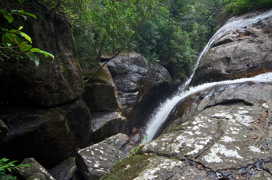 Wasserfall stürzt sich über eine Felskante im Dschungel, Sinharaja Forest Reserve, im Süden von Sri Lanka, Südasien