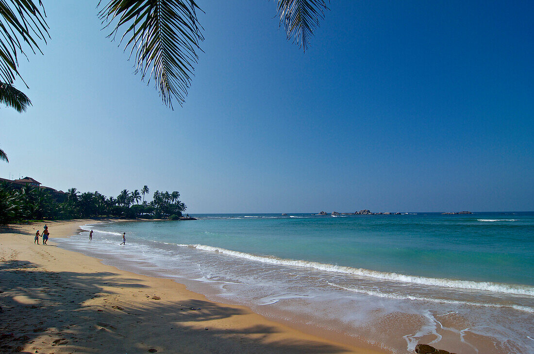 Palmen und Menschen am Strand in Hikkaduwa, Südwestküste, Sri Lanka