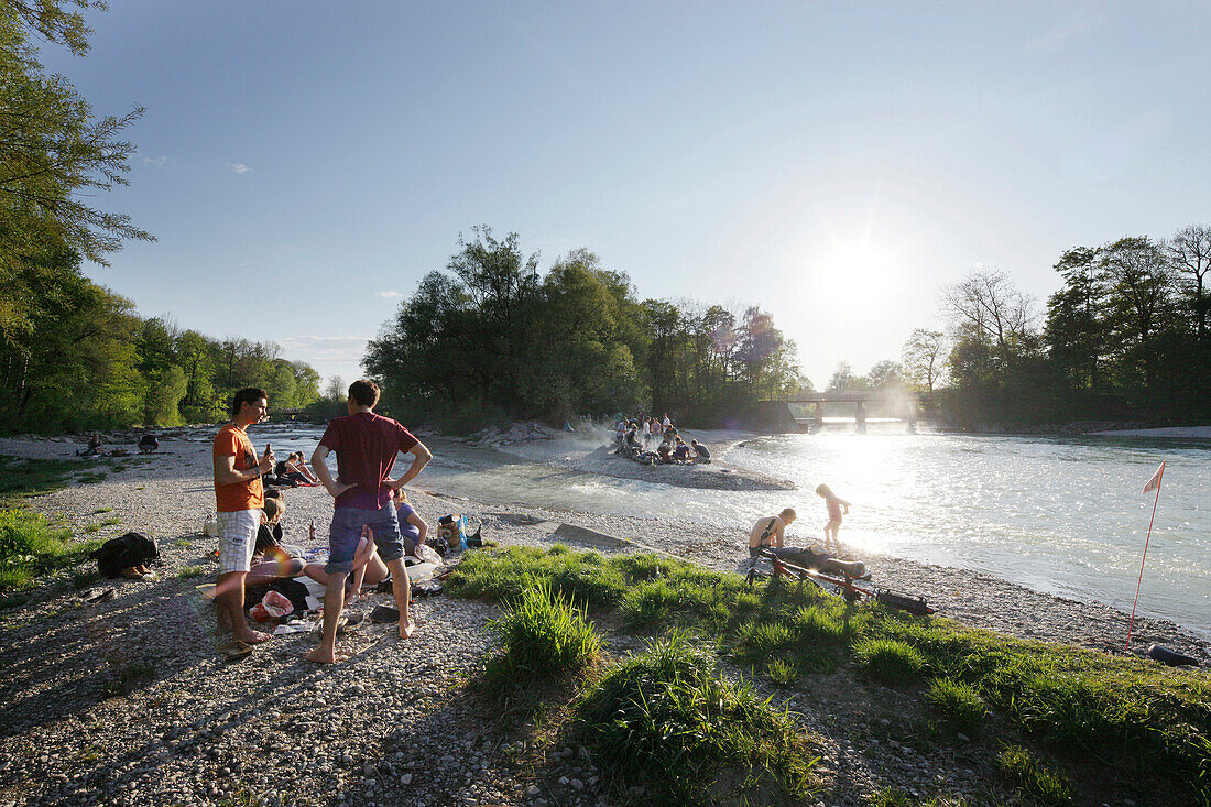 Peoplel at river Isar, Flaucher, Munich, Bavaria, Germany