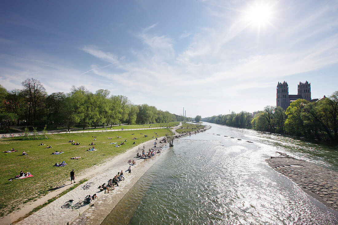View over river Isar with church St. Maximilian, Munich, Bavaria, Germany