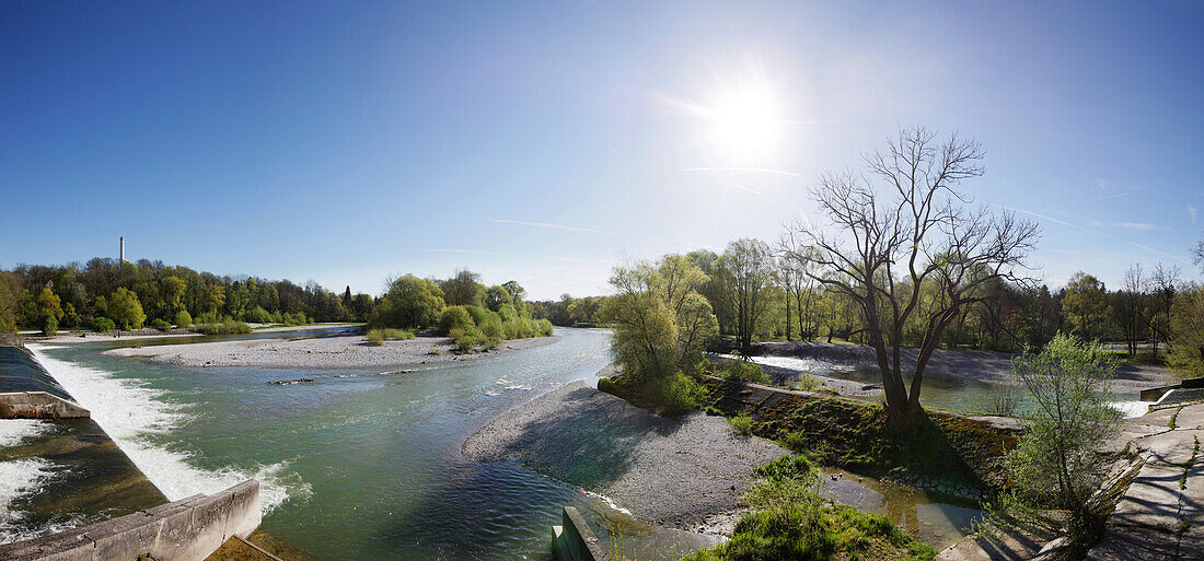 A weir on the river Isar, Grosshesselohe, Munich, Bavaria, Germany