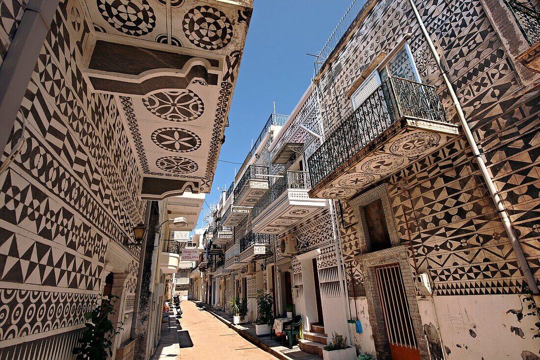Xysta on the houses of Pygri geometic patterned decorations in black and white that adorn the houses of the Mastic Villages of southern Chios dating back to the period Genoses rule  Mastichochoria area of Chios Island Greece