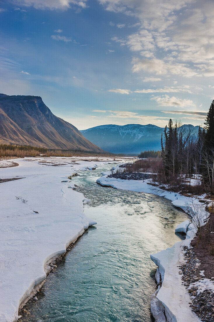 Early morning view of the Racing River where it crosses the Alcan Highway West of Fort Nelson, Canadian Rockies, early spring, Northern British Columbia, Canada.