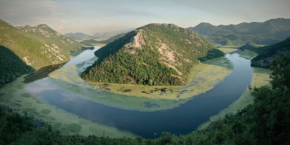 View of the river bend of the Rijeka Crnojevica river, Lake Skadar National Park, Montenegro, Western Balkan, Europe