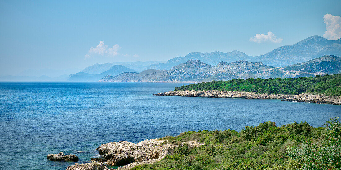 View along the coast to Stari Bar, old town of Bar, Adriatic coastline, Montenegro, Western Balkan, Europe