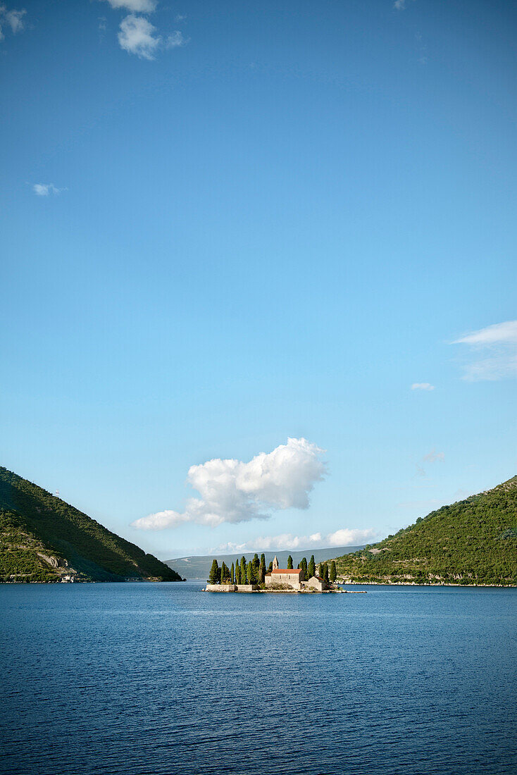 View of Island of St. George with Benedictine Monastry, Perast, Bay of Kotor, Adriatic coastline, Montenegro, Western Balkan, Europe, UNESCO