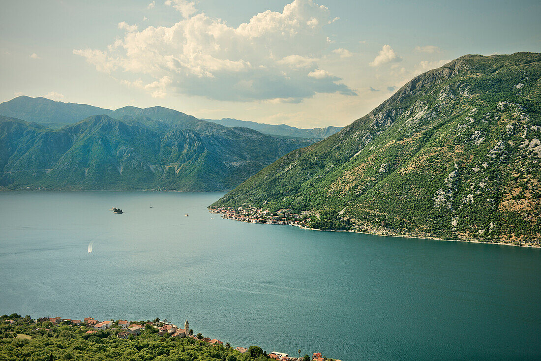 View towards Perast, Bay of Kotor, Adriatic coastline, Montenegro, Western Balkan, Europe