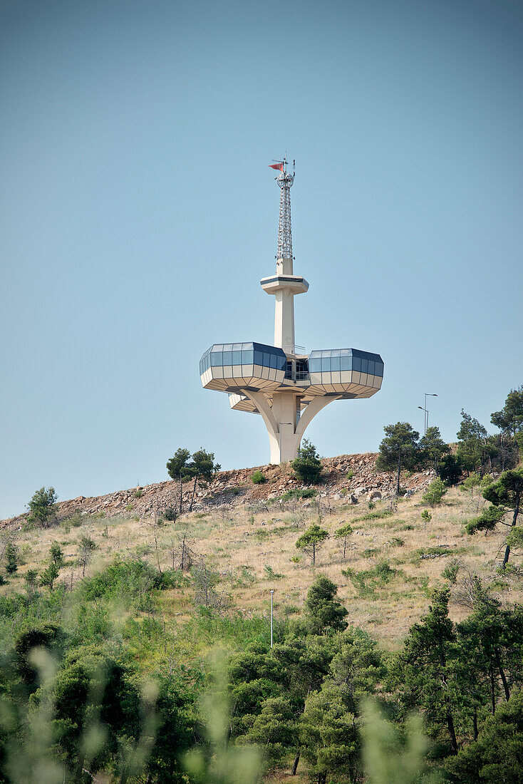 Radio control tower with view platform, Socialist architecture in the capital Podgorica, Montenegro, Western Balkan, Europe