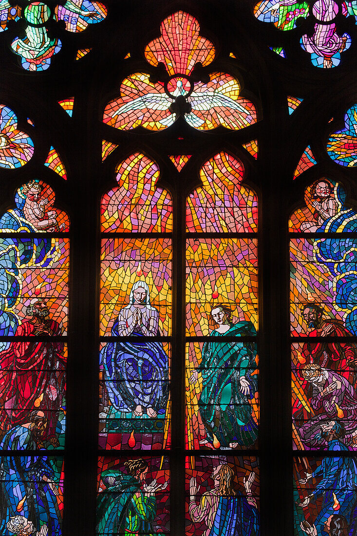 Stained glass window at St Vitus Cathedral, Prague, Czech Republic