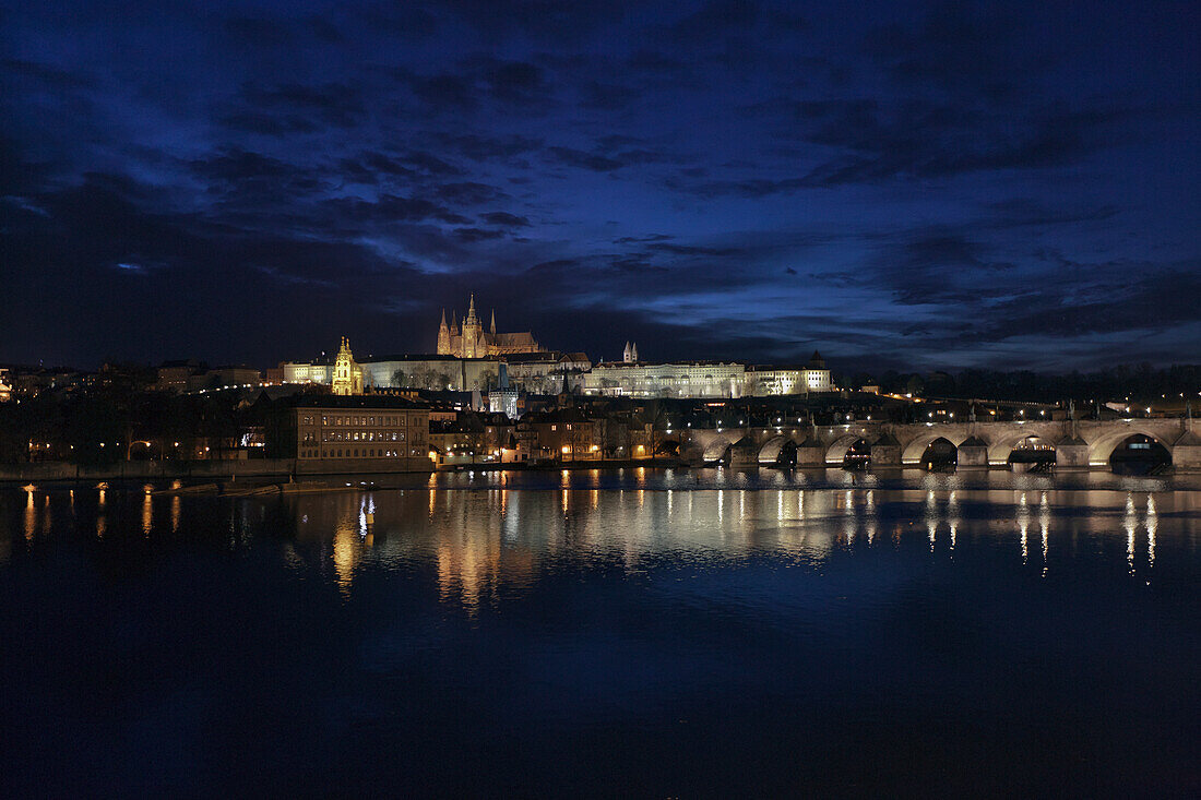 View of town at night, Prague, Czech Republic