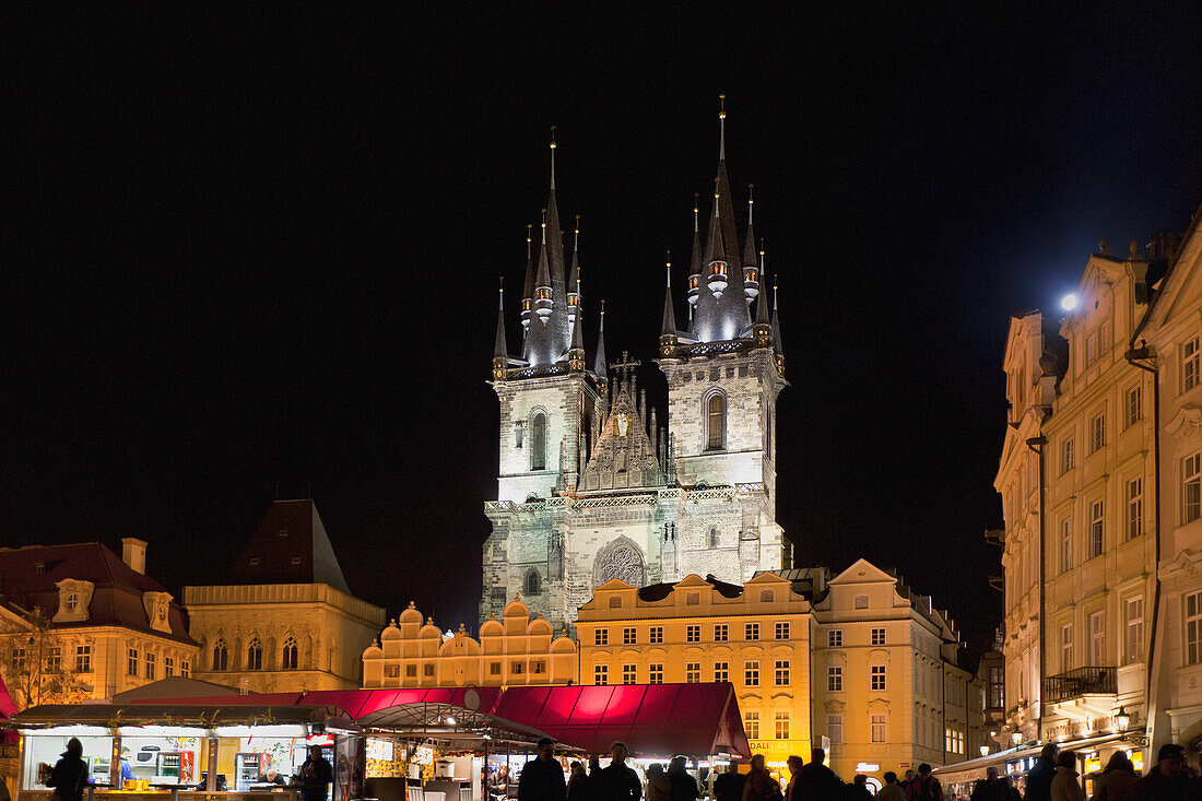 Illuminated Tyn Church at night, Prague, Czech Republic
