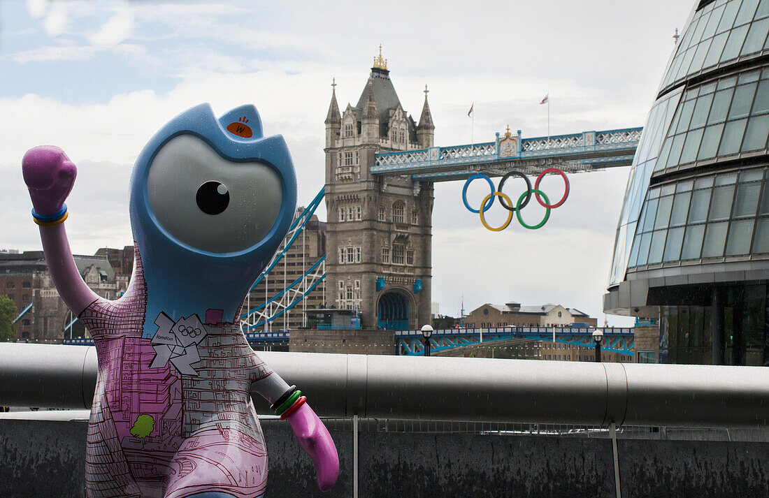 View of Tower Bridge and Mayor of London building with Olympic statue, London, England, United Kingdom
