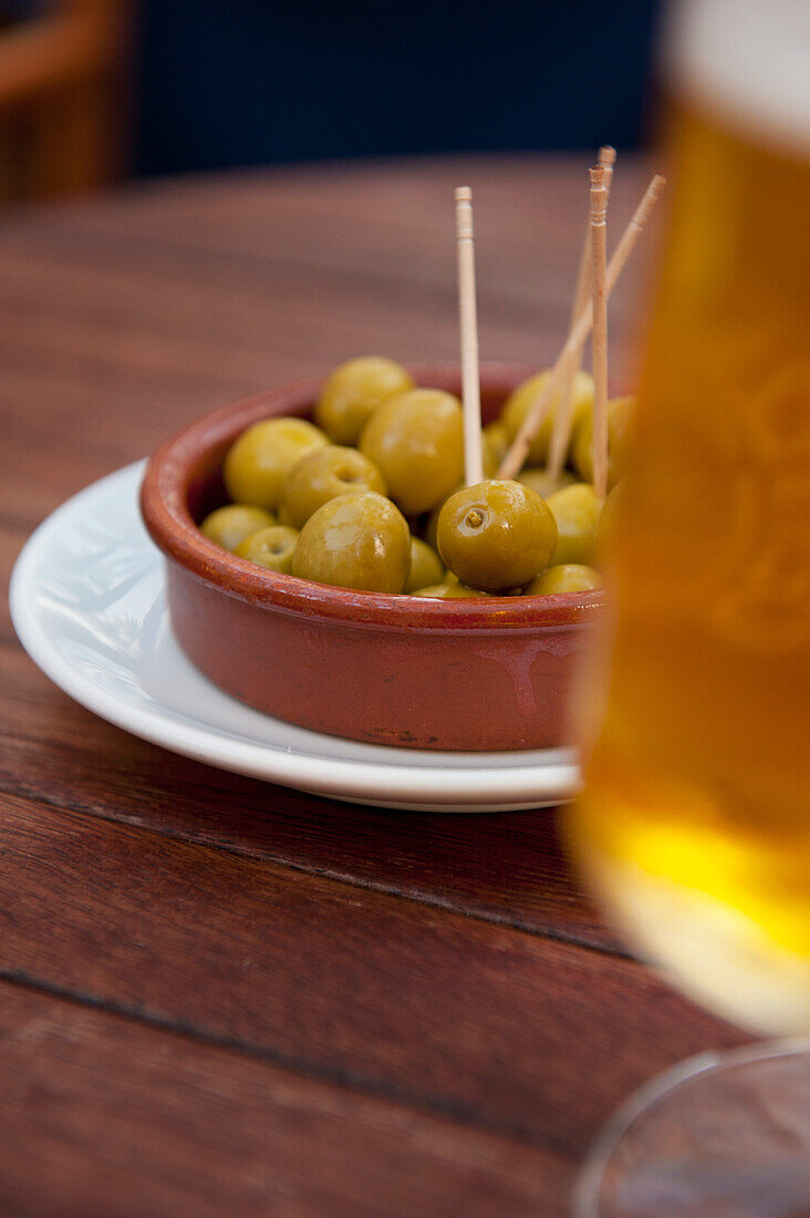 Beer and olives in cafe, Palma, Majorca, Spain