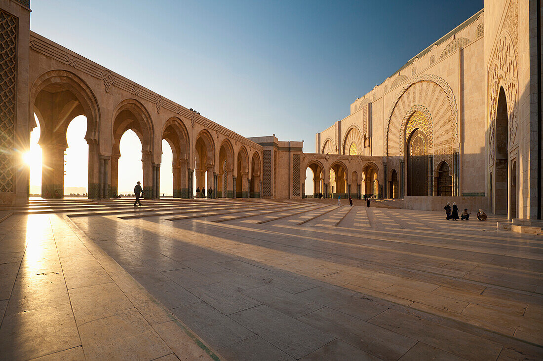 Courtyard in front of Hassan II Mosque at dusk, Casablanca, Morocco
