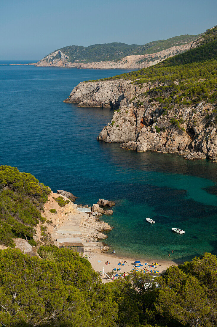 Looking down onto Cala d'en Serra beach, Ibiza, Spain