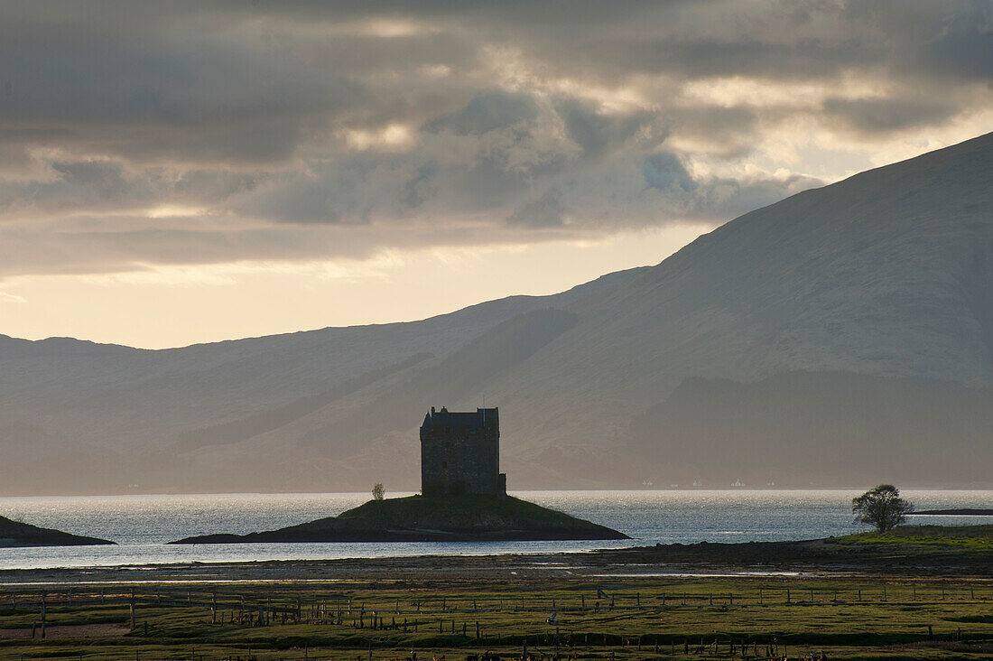 Castle Stalker at dusk, Appin, Argyll and Bute, Scotland, UK