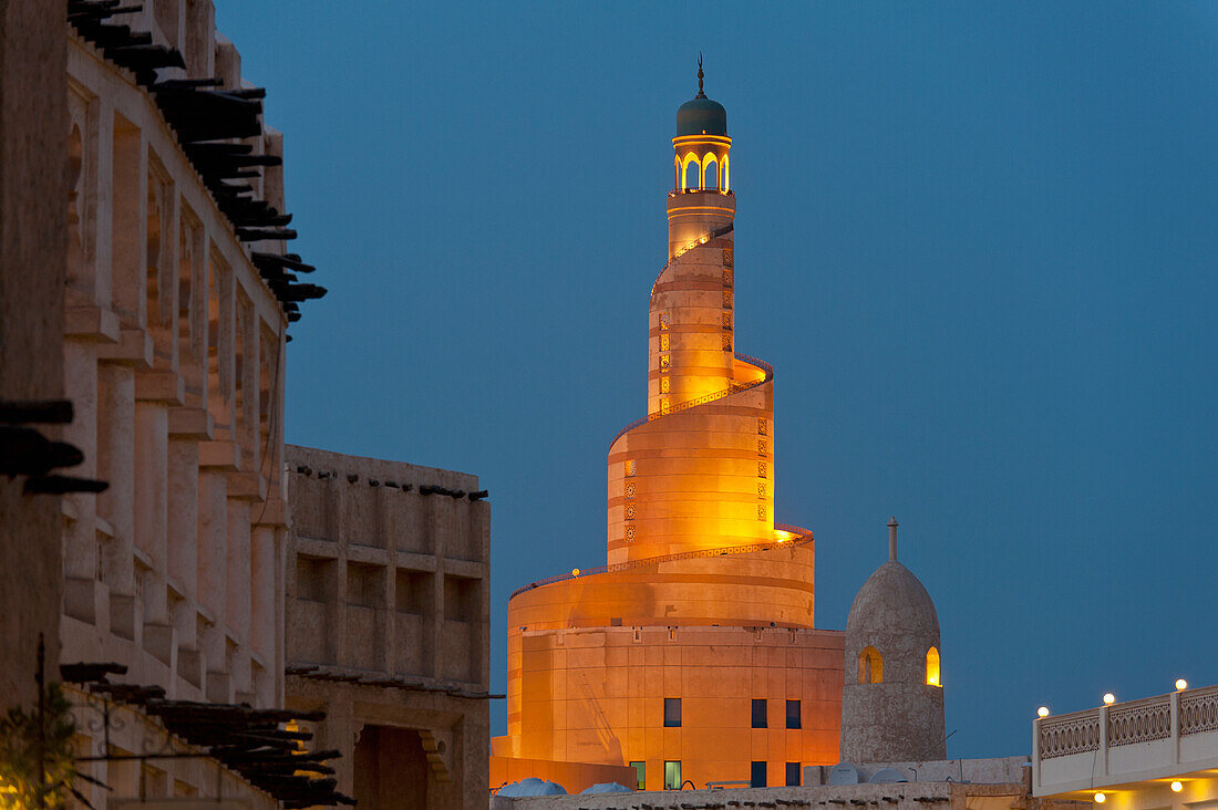 View of Qatar Islamic Culture Center and mosque at dusk, Doha, Qatar