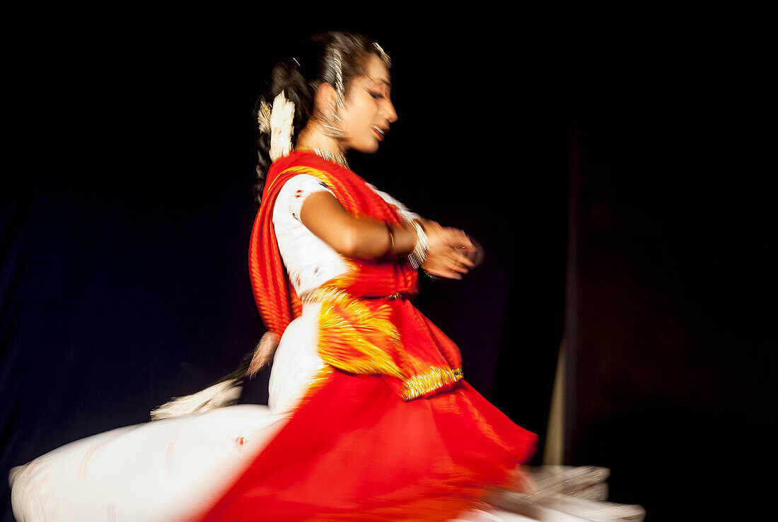 India, Karnataka, Young girl dancing in traditional dress, Udupi
