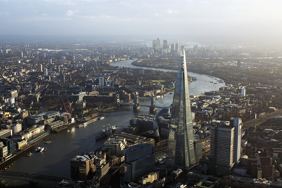 Elevated view of central London towards Canary Wharf, England, UK