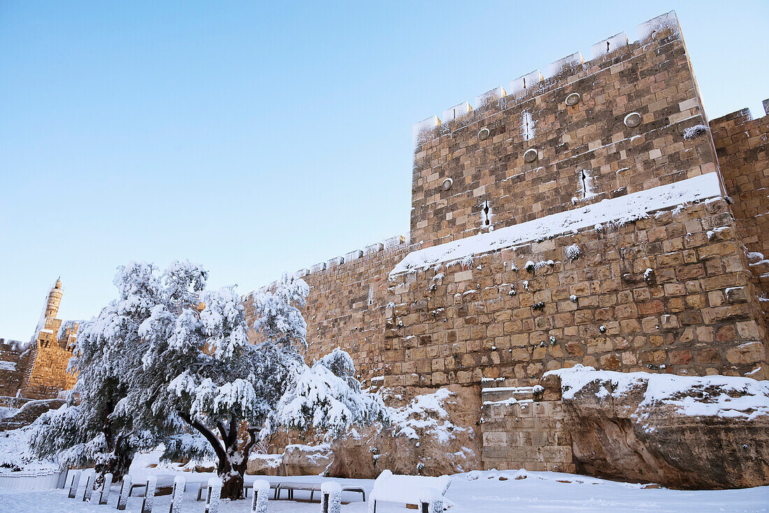 January 10, 2013, Old City walls and Tower of David under snow, Jerusalem, Israel