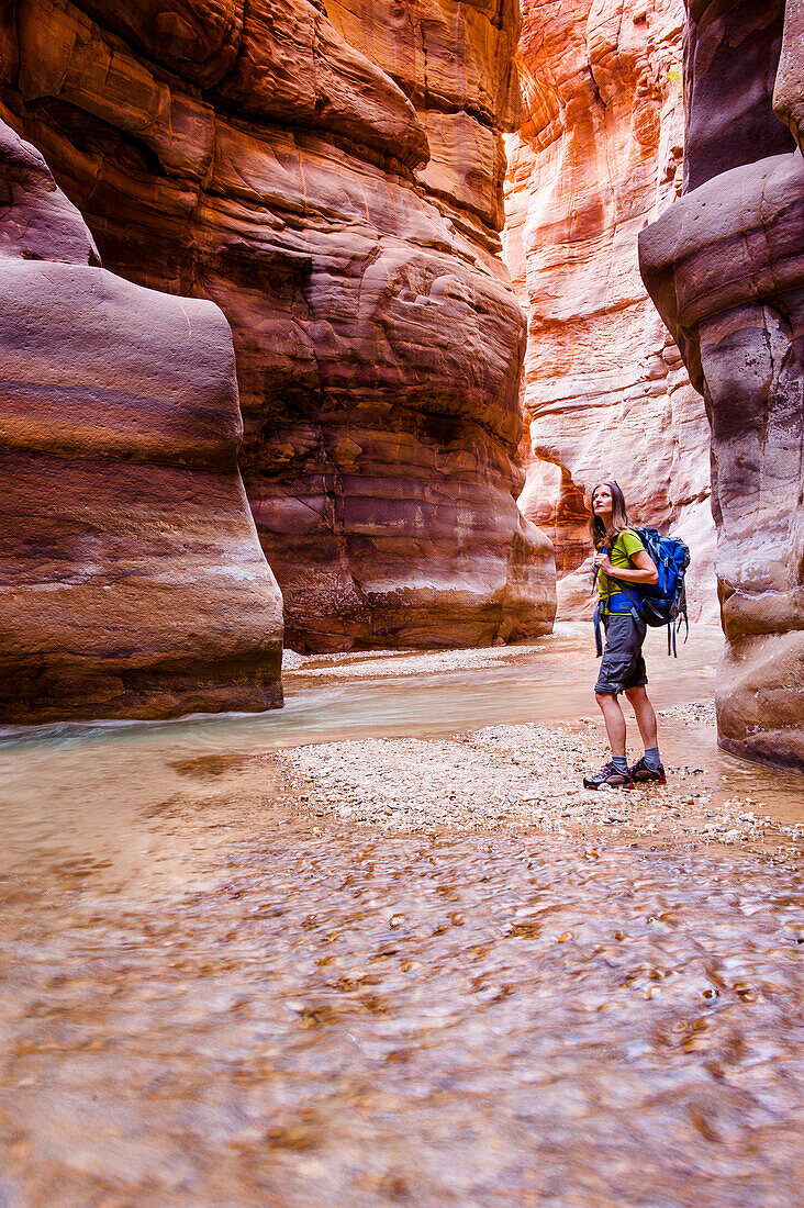 Frau wandert durch eine Schlucht, Wadi Mujib, Jordanien, Naher Osten