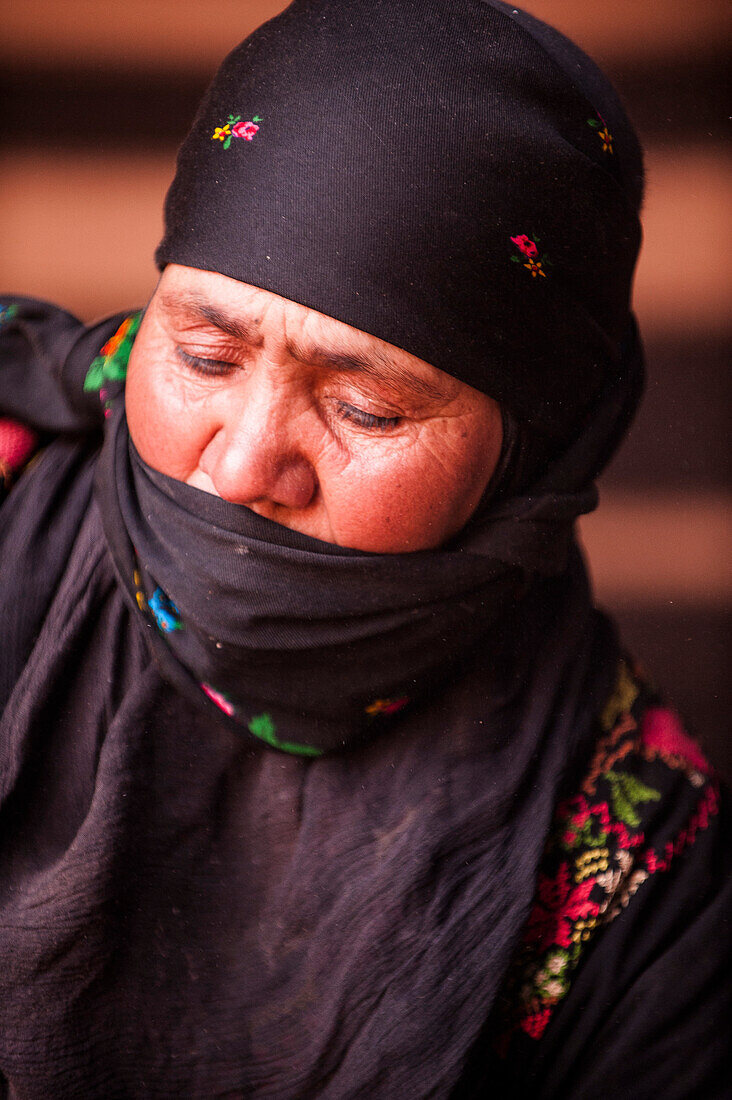 Close-up of a Bedouin woman, Wadi Rum, Jordan, Middle East