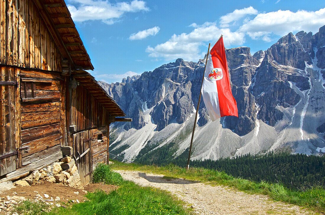 Furkaalm am Sobutsch mit Südtiroler Fahne und Blick zur Puez-Odle Gruppe, Villnößtal, Dolomiten, Südtirol, Italien