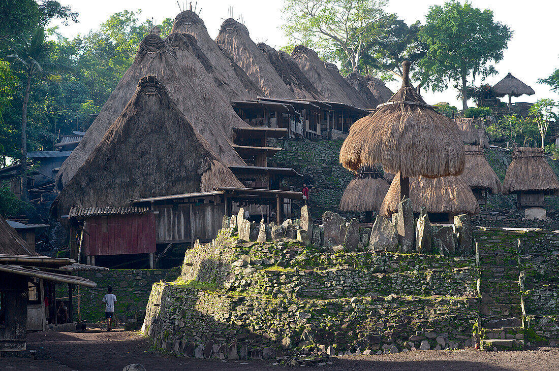 Megalithe und Nagadhu- und Bhaga-Schreine in Bena, traditionelles Dorf der Ngada bei Bajawa, im Hintergrund traditionelle Häuser am Dorfplatz, Flores, Nusa Tenggara Timur, Östliche Kleine Sundainseln, Indonesien