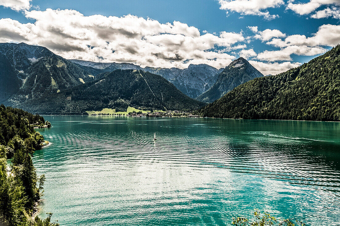 View over Lake Achensee to Pertisau and Karwendel cabel car, Achenkirch, Tyrol, Austria