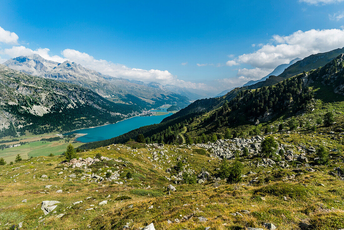 Blick auf den Silvaplanersee und Silvaplana, Oberengadin, Kanton Graubünden, Schweiz