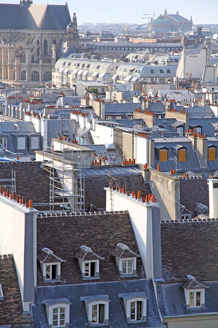 Rooftops and Notre Dame church from the Pompidou Centre, Paris, France
