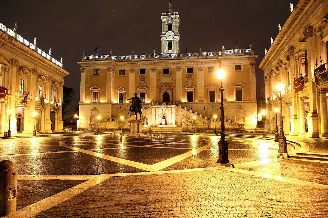 Piazza del Campidoglio, on the top of Capitoline Hill, with the facade of Palazzo Senatorio and the replica of the equestrian statue of Marcus Aurelius.