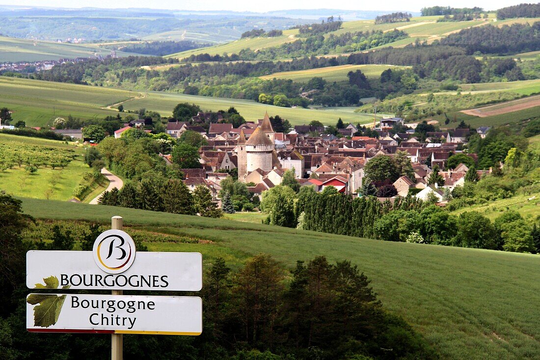 Tonw of France, Burgundy, Yonne, Chitry with its fortified church and a view on all the village