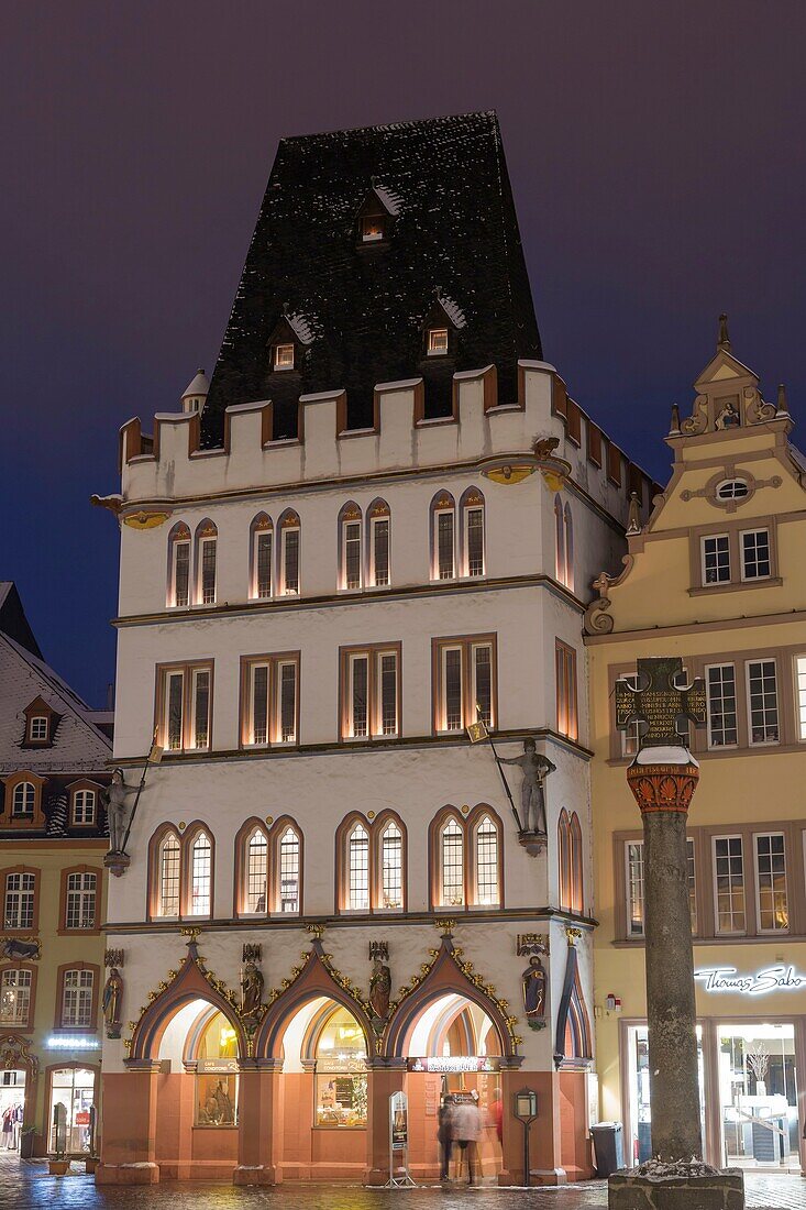 Steipe and market cross at night, Trier, Rhineland-Palatinate, Germany