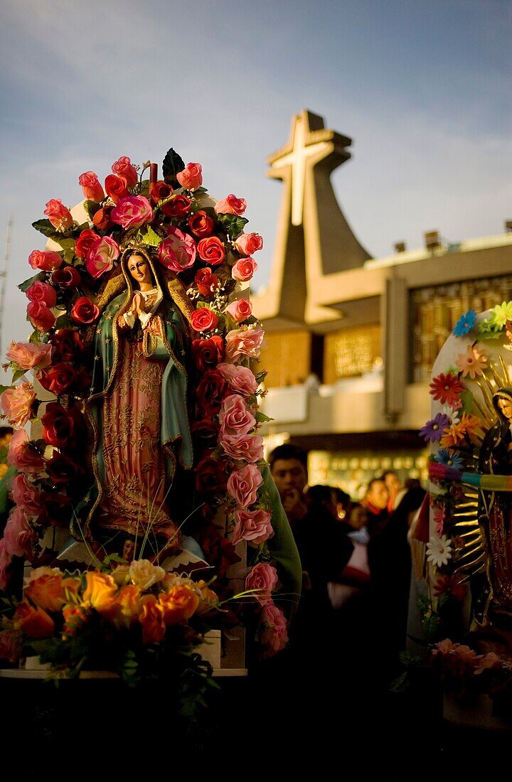 A pilgrim carries an image of the Our Lady of Guadalupe decorated with flowers outside of the Our Lady of Guadalupe Basilica in Mexico City, December 9, 2012