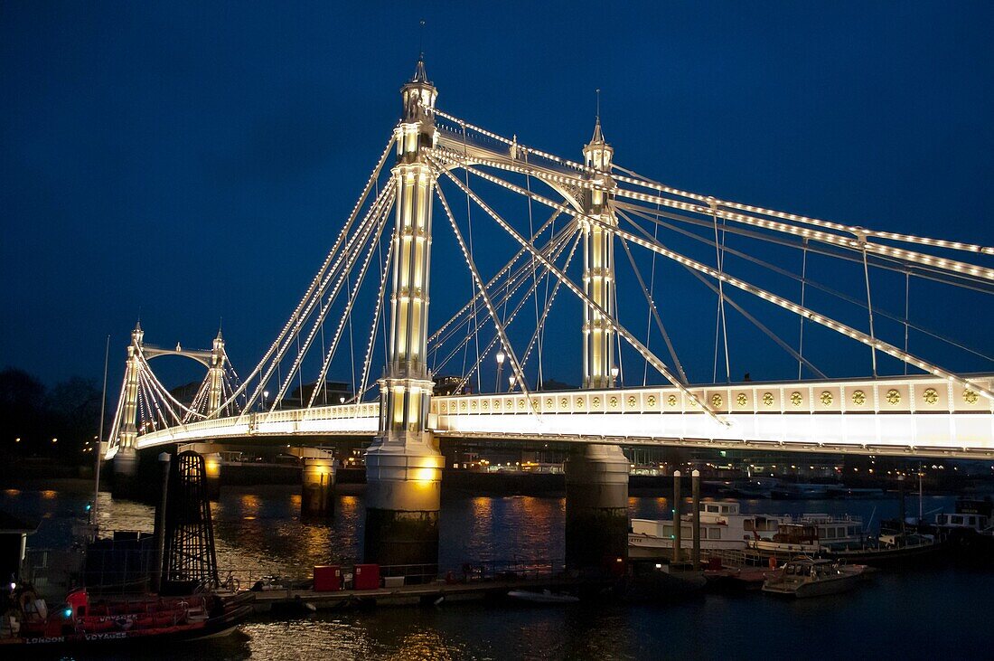 Albert Bridge at night, Chelsea, London, SW3, UK