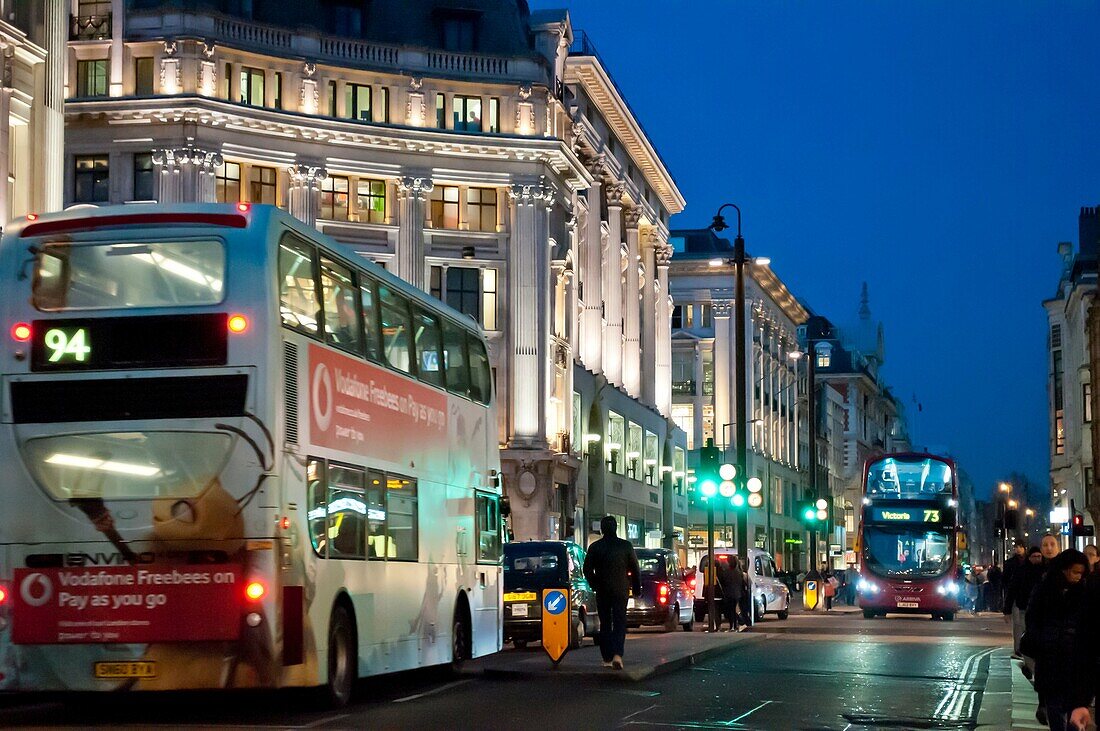 Traffic at Oxford Circus at night, London UK