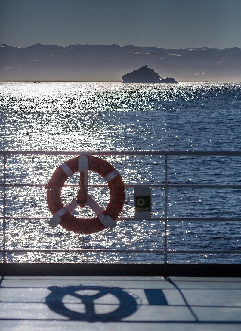 Life preserver on the deck of a cruise ship, Greenland. The Akademik Sergey Vavilov-Russian research vessel built in 1988 currently used as a cruise ship.