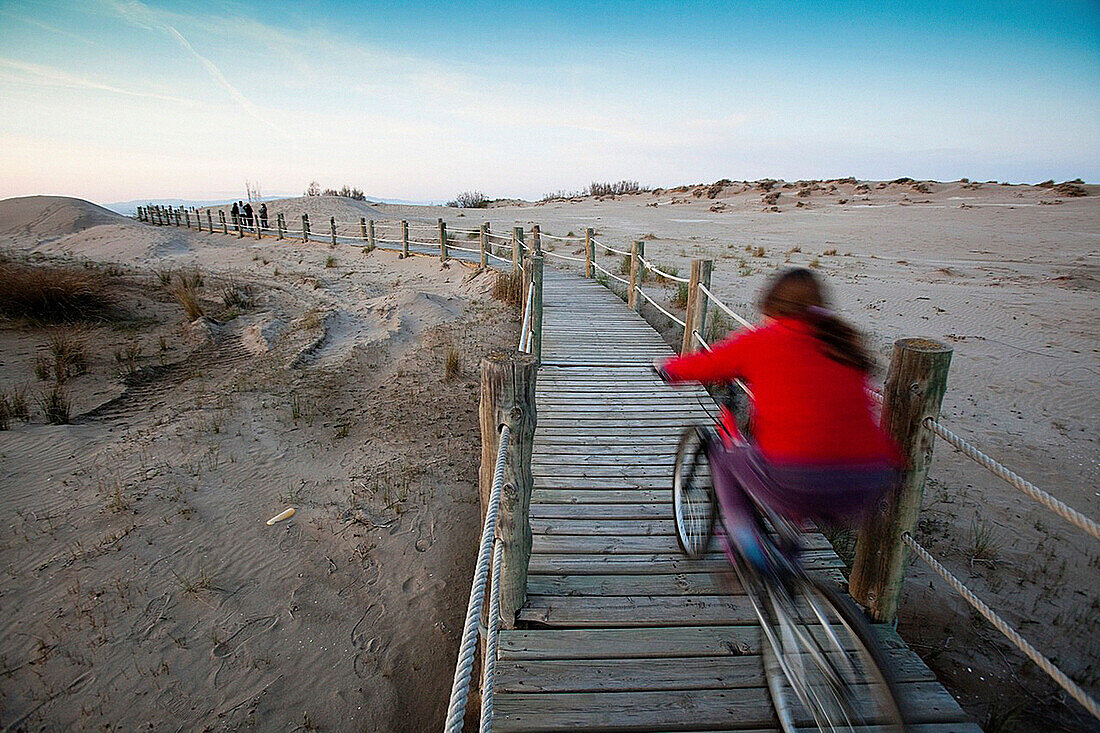 Girl riding a bike on wood way in the beach of the Ebro delta, Catalonia