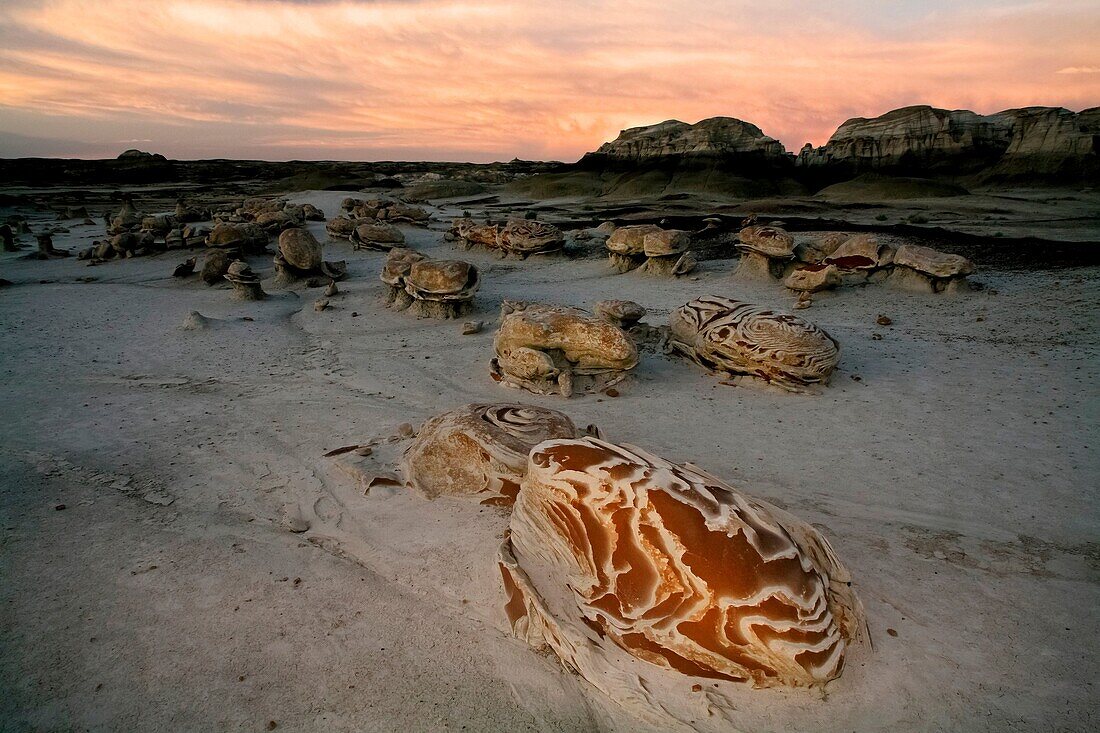 Strange rock formations called the Egg factory in The Bisti Badlands in north western New Mexico