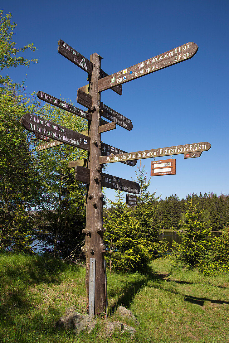 Signpost at Oderteich, Harz, Lower-Saxony, Germany, Europe