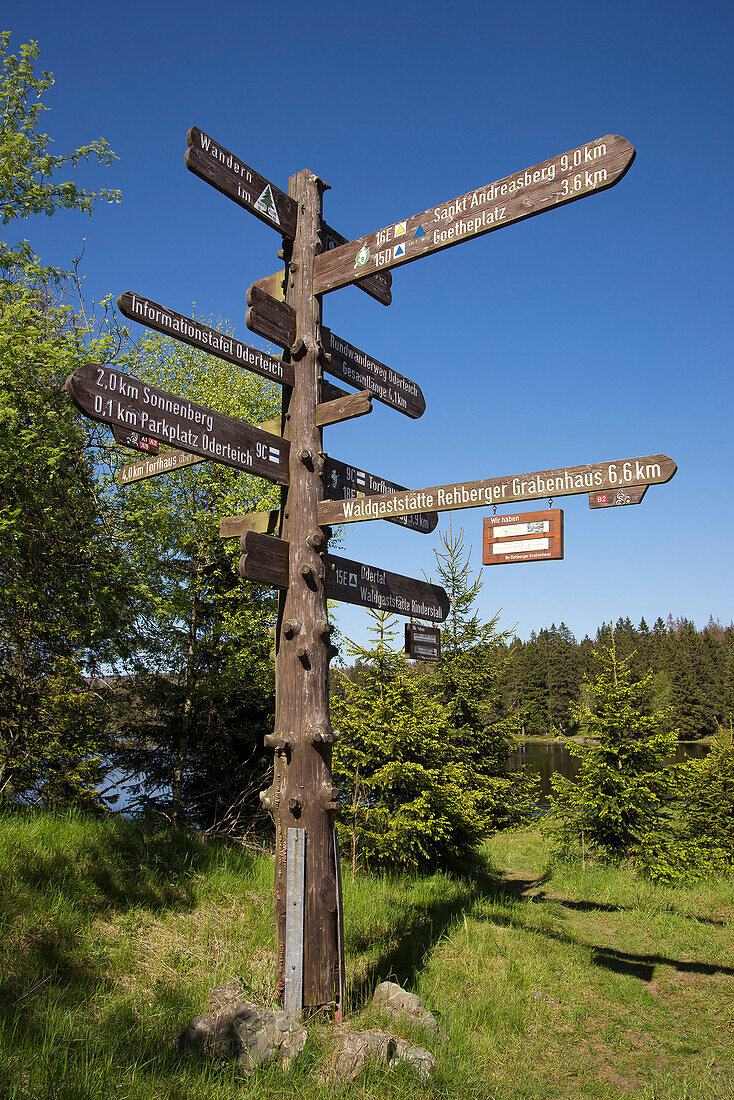 Wegweiser am Oderteich, Harz, Niedersachsen, Deutschland, Europa