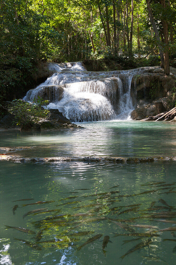 Waterfall in the Erawan national park, Kanchanaburi, Kanchanaburi Province, Thailand, Asia
