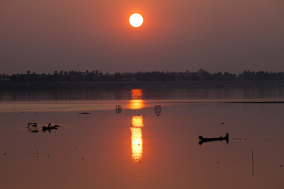 Fishing boats on the Mekong river, Vientiane, capital of Laos, Asia