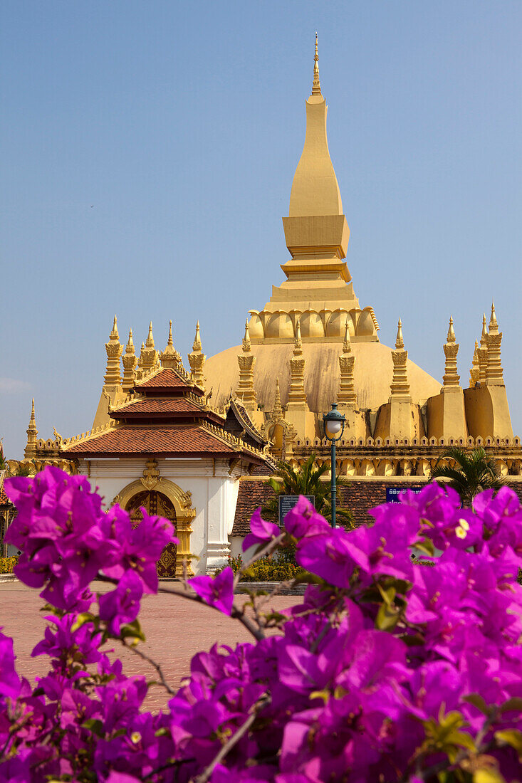 Buddhistic Stupa of Pha That Luang Monument in Vientiane, capital of Laos, Asia