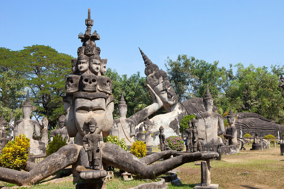 Buddhistic sculptures in Xieng Khuan Buddha Park in Vientiane, capital of Laos, Asia