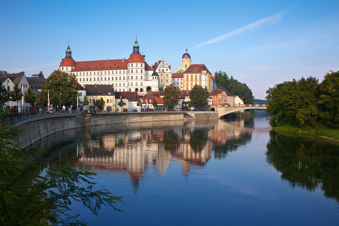 View over the river Danube to Neuburg castle, Neuburg an der Donau, Bavaria, Germany