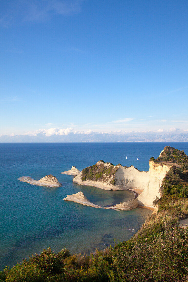 Sailing boats at Cape Drastis, near Peroulades, Sidari, Corfu island, Ionian islands, Greece